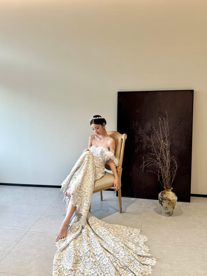 White tube top lace waist slim fishtail sexy long dress bridal gown R6058
