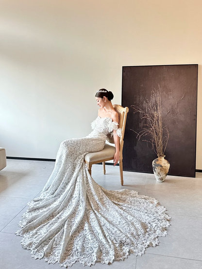 White tube top lace waist slim fishtail sexy long dress bridal gown R6058