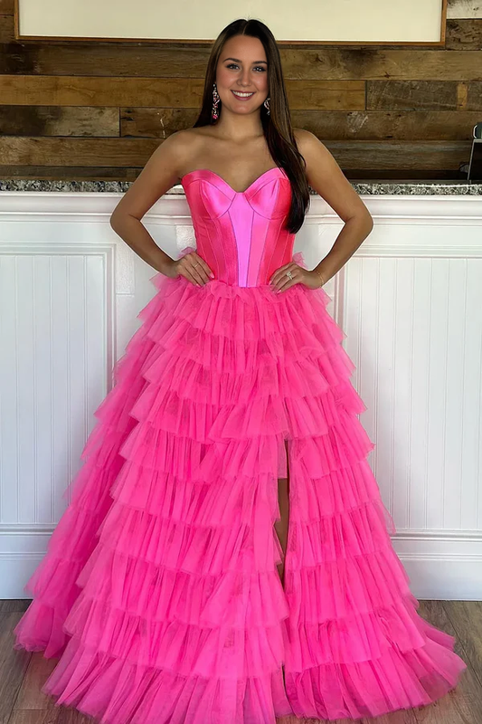 omberprom Fashion A-Line Evening Dress Sweetheart Tiered Tulle Prom Dress with Slit