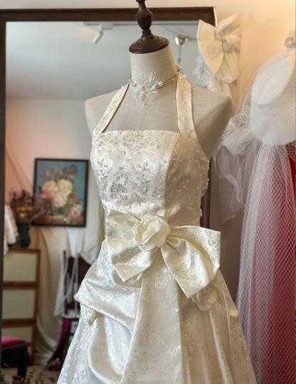 Glamorous A-Line Halter Neck Oversized Bow Brocade Wedding Dress Floral Bridal Gown TP5088