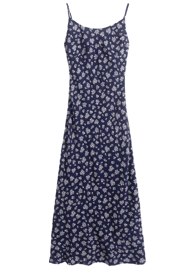 2025 Summer New Blue Floral Retro Backless Waist Long Suspender Dress R0909