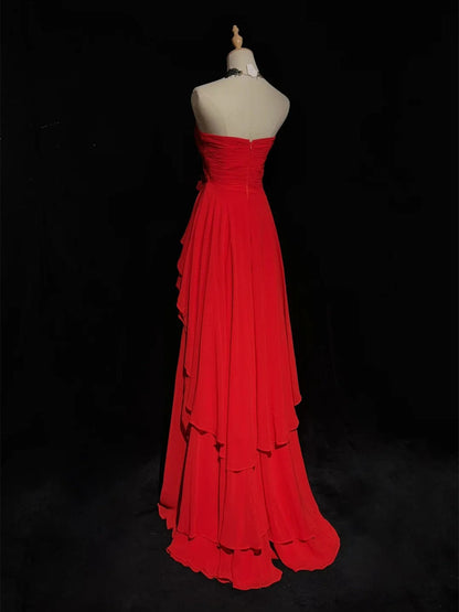 Chic Red High Low Chiffon Wedding Party Dress, Red Layers Long Formal Dress