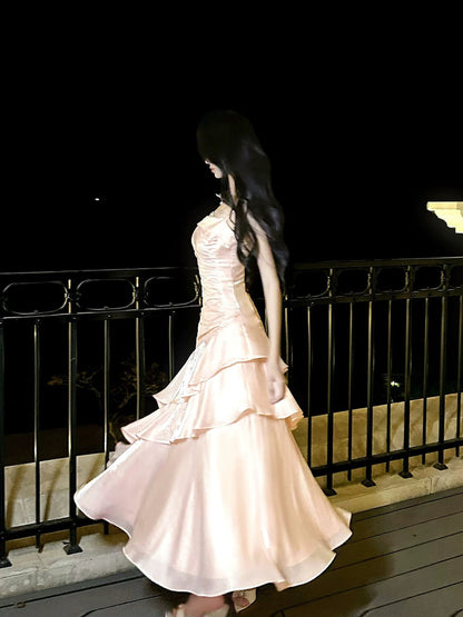 Pink Satin Mermaid Straps Chic Long Formal Dress, Pink Mermaid Prom Dress