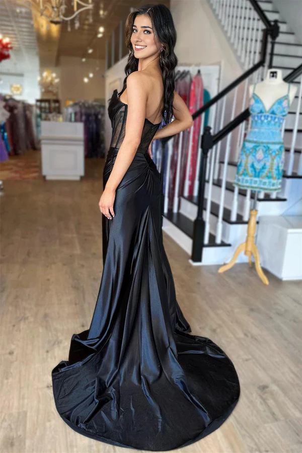 omberprom Elegant Strapless Pleated Evening Dress Boning Sheer Long Prom Dress with Slit