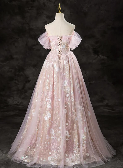 Cute A-line Pink Lace and Tulle Sweetheart Party Dress, Pink Tulle Prom Dress