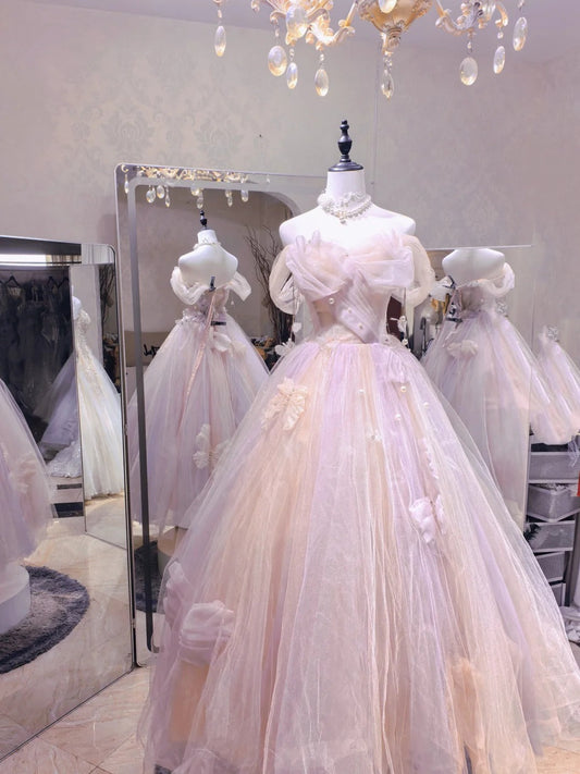 Dreamy Light Pink Off-shoulder Tulle Floor-Length Ball Gown Evening Dress P4132