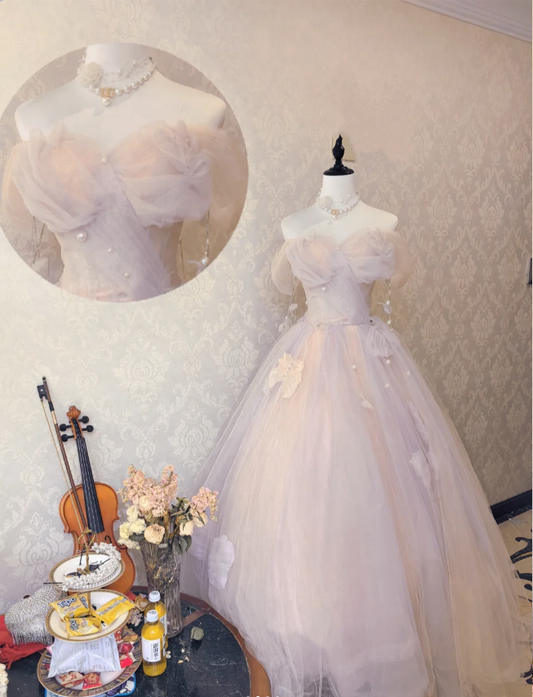 Dreamy Light Pink Off-shoulder Tulle Floor-Length Ball Gown Evening Dress cc5304