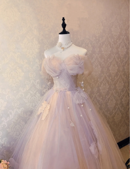 Dreamy Light Pink Off-shoulder Tulle Floor-Length Ball Gown Evening Dress P4132