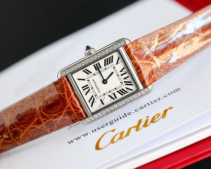 TANK MUST SMALL STEEL DIAMOND BEZEL LEATHER STRAP EWHITE DIAL