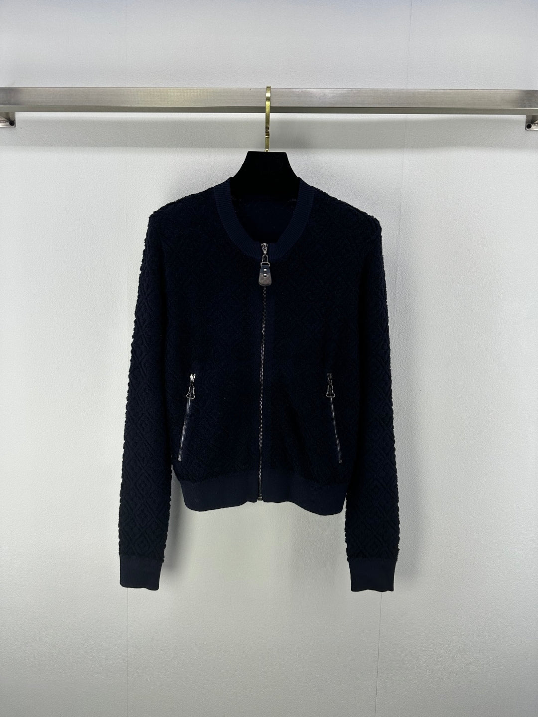 LV Embossed Long-Sleeved Cardigan in Navy Blue Wool 271049