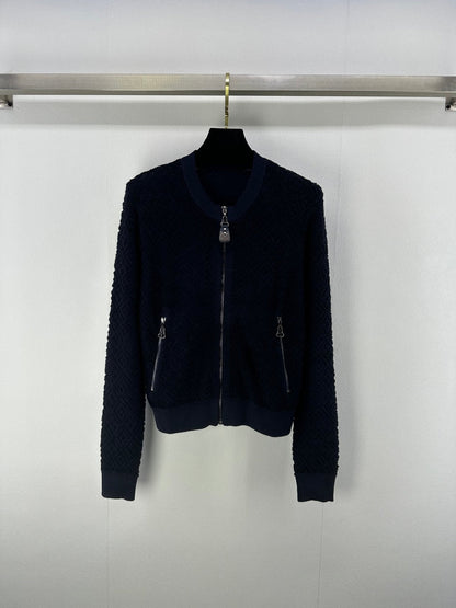 LV Embossed Long-Sleeved Cardigan in Navy Blue Wool 271049