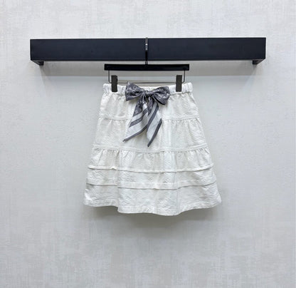 LV25 Embossed Denim Scarf Skirt White Grey Cotton 291767