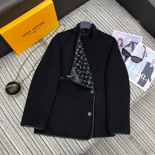 LV 25FW Double-Faced Wool Coat Jacket Lambskin Edge Black 311694