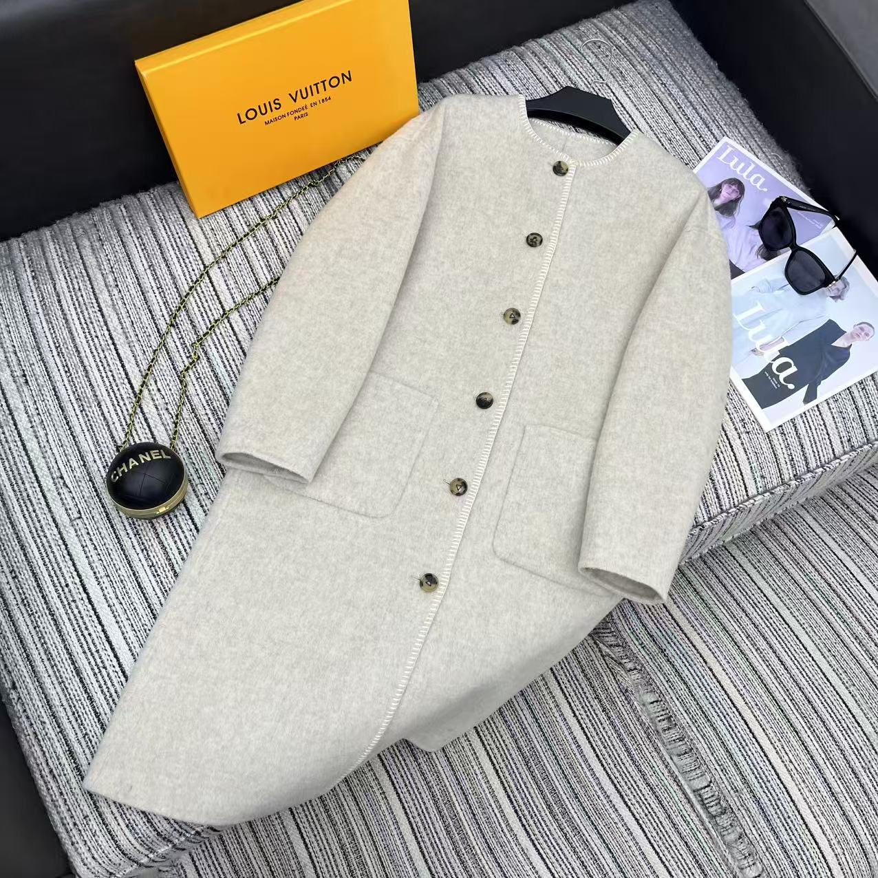 LV 25FW Double-Faced Wool Long Coat Light Gray 311668