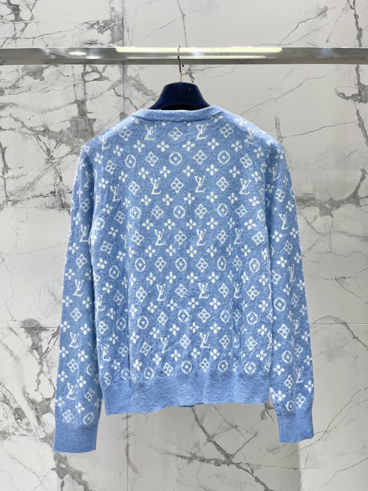 LV Monogram Jacquard All-over Print Blue Cardigan with Monogram Pattern