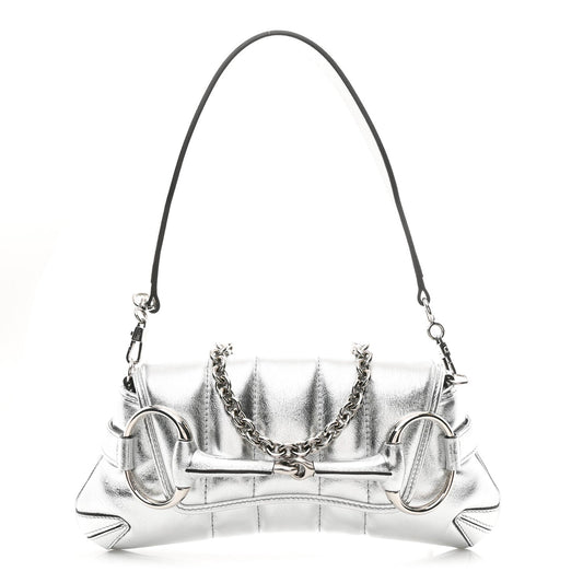 Metallic Nappa Vertical Matelasse Small Maxi Horsebit Chain Shoulder Bag Silver