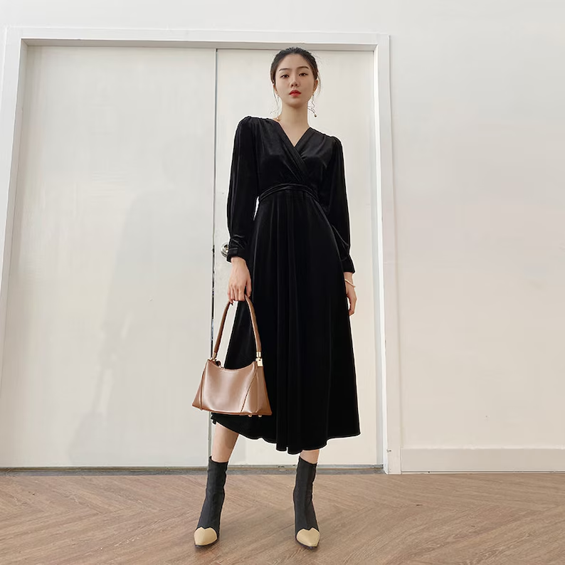 omberprom Elegant Velvet Dress Ruched Long Sleeve Formal Dress for Wedding Guest