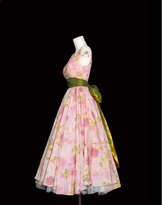 Retro Pink Floral Print A-line Round Neck Bow Waist-Cinching Long Prom Dress P4135