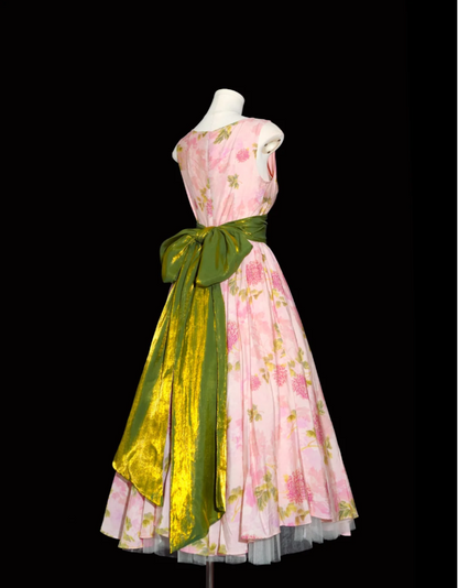 Retro Pink Floral Print A-line Round Neck Bow Waist-Cinching Long Prom Dress P4135