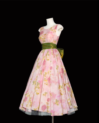 Retro Pink Floral Print A-line Round Neck Bow Waist-Cinching Long Prom Dress P4135