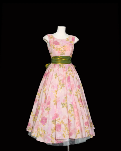 Retro Pink Floral Print A-line Round Neck Bow Waist-Cinching Long Prom Dress P4135