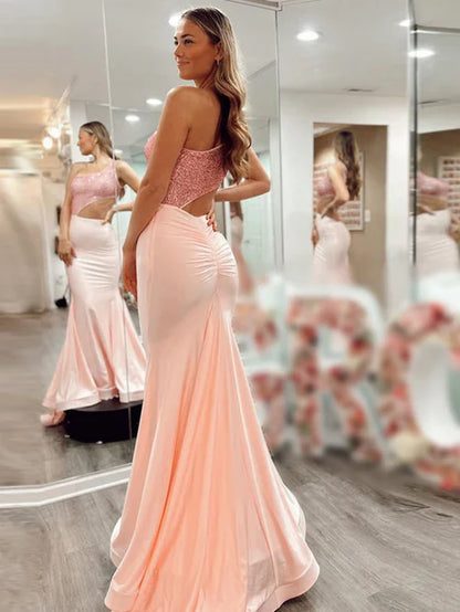 omberprom Fashion Evening Dress Pink Glitter Mermaid One Shoulder Cutout Long Prom Dress