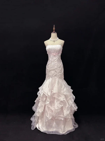 Elegant Light Pink Strapless Chiffon Sweet 16 Quinceanera Mermaid Evening Dress Ball Gown TP4280