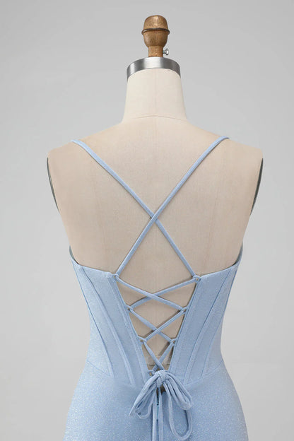 omberprom Bodycon Light Blue Homecoming Dress Spaghetti Straps Corset Short Graduation Dresses