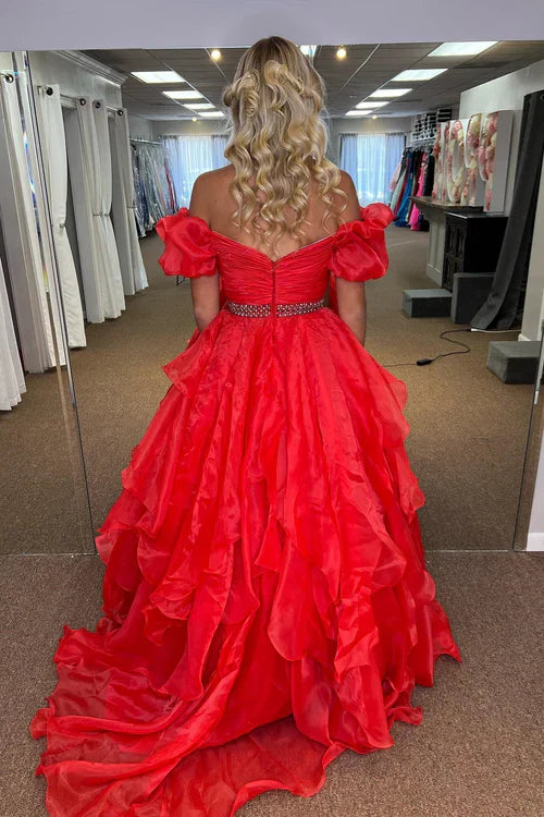 omberprom Red Off-the-Shoulder Evening Dress Layers Beaded Tulle Long Prom Dress