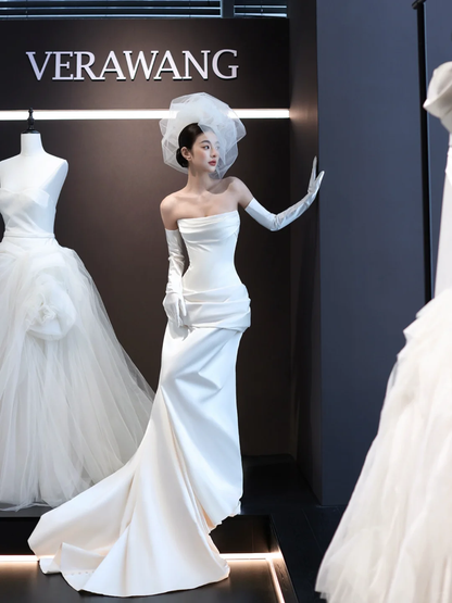 White tube top waist slim fit satin sexy long dress bridal gown R6039