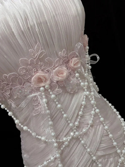 Elegant Light Pink Strapless Chiffon Sweet 16 Quinceanera Mermaid Evening Dress Ball Gown TP4280
