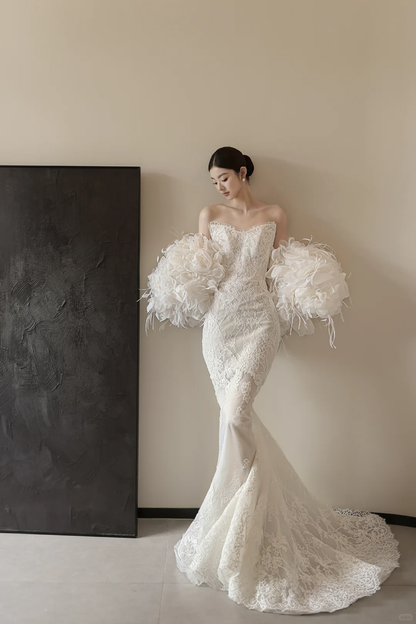 White strapless lace waist slim elegant fishtail sexy long dress bridal gown R6059