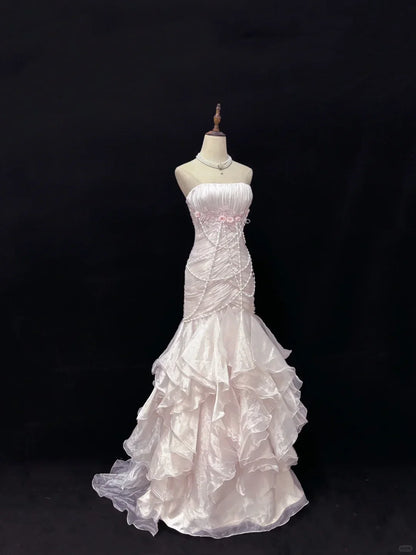 Elegant Light Pink Strapless Chiffon Sweet 16 Quinceanera Mermaid Evening Dress Ball Gown TP4280