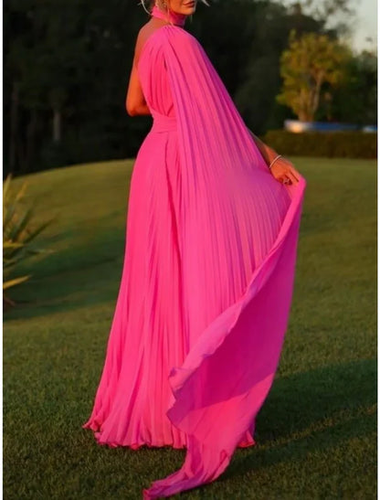 A-Line Evening Gown Elegant Dress Formal Sweep / Brush Train Sleeveless One Shoulder Chiffon with Pleats Ruched     S4952