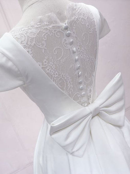 White v neck satin lace short prom dress, white homecoming dress