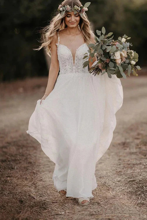 omberprom Elegant A-Line V-Neck Long Wedding Dresses with Appliques Charming Bridal Gown