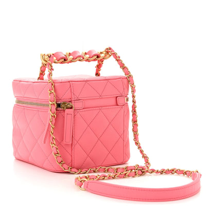 Calfskin Quilted Small Vanity Case With Chain Coral Pink