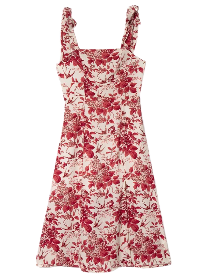 2025 Summer New Romantic Red Floral Waist Tie Holiday Suspender Dress R0922