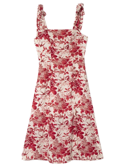 2025 Summer New Romantic Red Floral Waist Tie Holiday Suspender Dress R0922