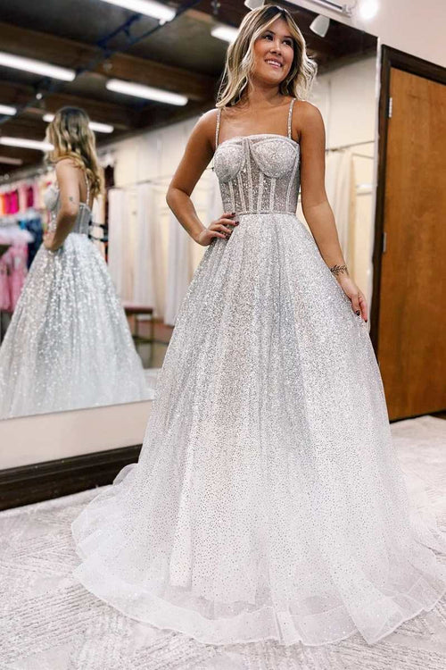 omberprom Fashion Silver Evening Dress Ombre Sequins Princess Straps A-Line Prom Gown