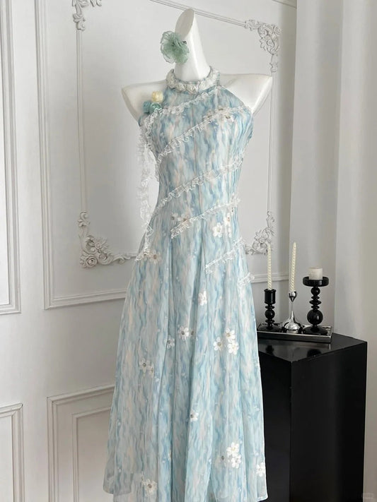 Sweet Blue And White Gradient A-line Halter Neck Chiffon Long Prom Dress Evening Dress P4014