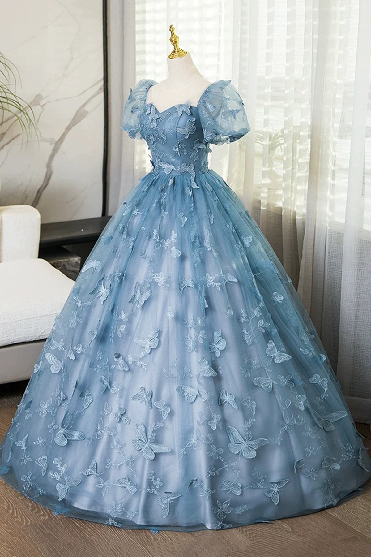 Blue Short Sleeves Long Party Dress with Butterfly Lace, Blue Prom Dress