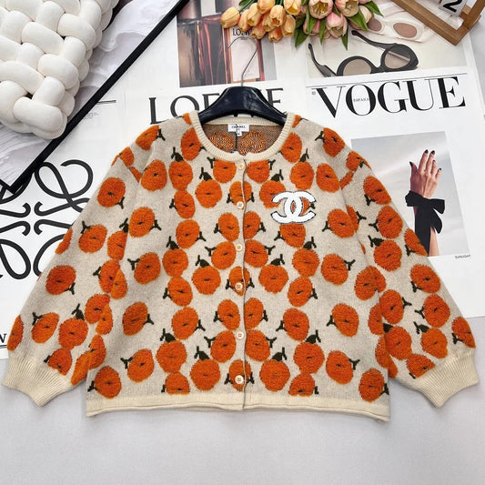CC 26 Floral Pattern Cardigan Orange Beige Wool Cashmere 785282