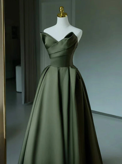 Dark Green V-neckline Satin Long Prom Dress, Dark Green Party Dress