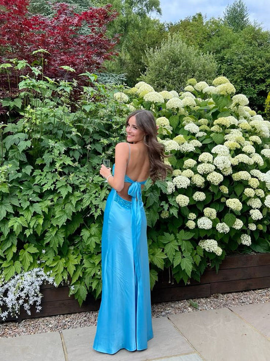 Blue Long Straps Sweetheart Party Dress Formal Dress, Blue Satin Evening Dress