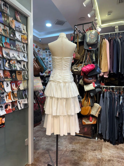 Sweet White A-line Strapless Pleated Satin Prom Dress evening dress P4144