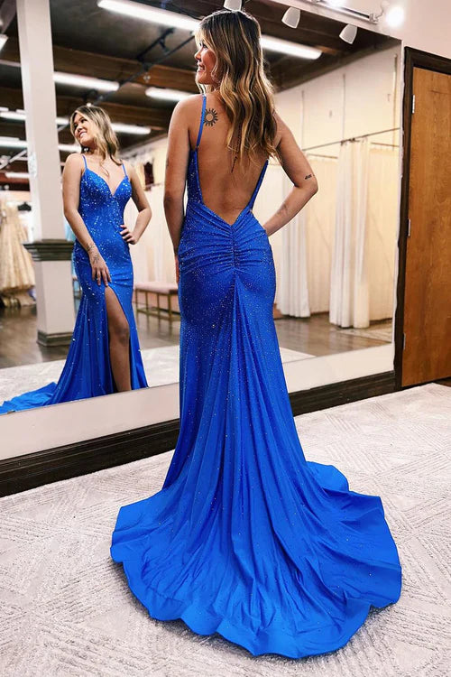 omberprom Elegant Royal Blue Evening Dress Beaded V Neck Mermaid Long Prom Dresses with Slit