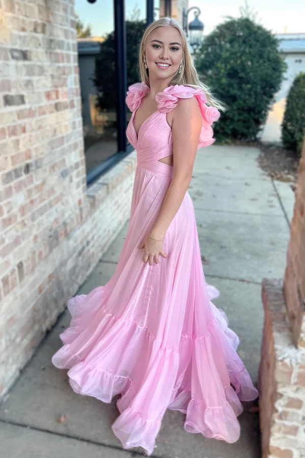 omberprom Fashion Lace-Up Fuchsia Evening Dress V-Neck Ruffle Pleated Long Prom Dress