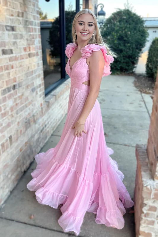 omberprom Fashion Lace-Up Fuchsia Evening Dress V-Neck Ruffle Pleated Long Prom Dress