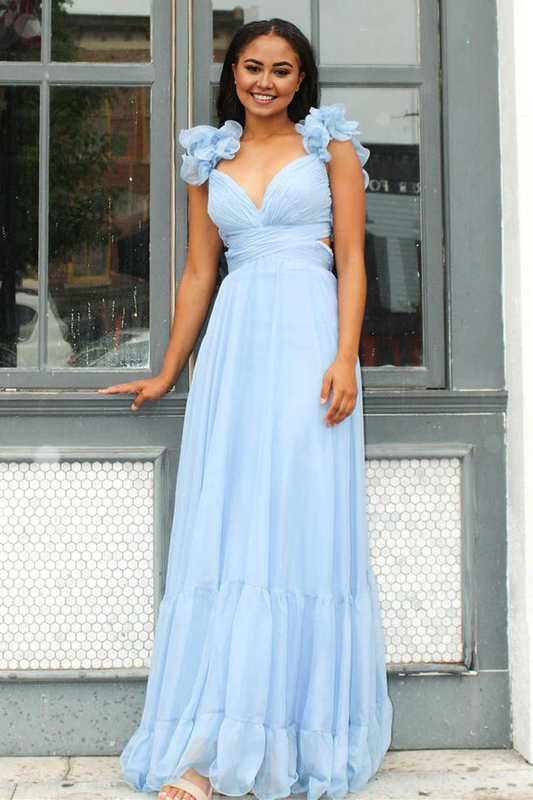 omberprom Fashion Lace-Up Fuchsia Evening Dress V-Neck Ruffle Pleated Long Prom Dress